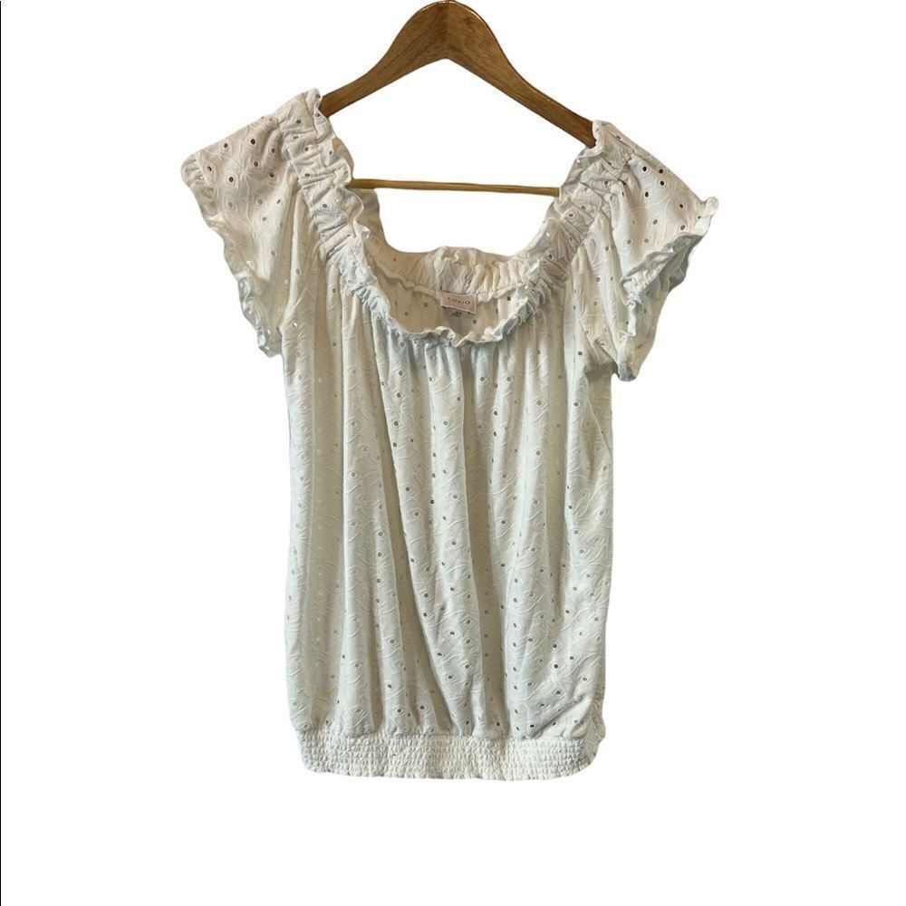 CUPIO White Eyelet Elastic Neckline Short Sleeve Elastic Bottom Bubble Top S